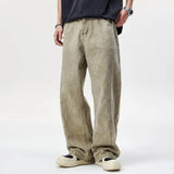 Wiaofellas  -  Men's Vintage Washed Curved Cut Long Pants American High Street Baggy Wide Leg Pants Loose Straight Casual Cargo Trousers