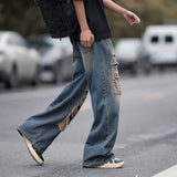 Wiaofellas American style torn jeans, men's summer washed and worn-out, loose fitting wide leg straight tube mop, trendy high street pants