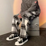 WIAOFELLAS  -  Men Women Woolen Straight Leg Casual Pants Autumn Winter Plaid Wide Leg Trousers High Street Brand Fashionable Trousers