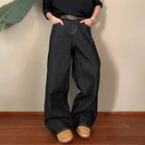 Wiaofellas  -  Unisex Dark Raw Denim Wide Leg Jeans New High Waist Loose Baggy Trousers Classic Multi Pocket Straight Full Length Casual Pants