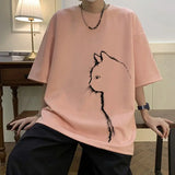 WIAOFELLAS  -  Men Short Sleeved T-shirt Suede Velvet Summer Cartoon Print Tops Loose Fitting Quarter Sleeves Leisure Time Cat Printing Hatless