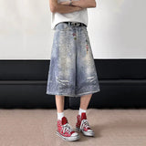 WIAOFELLAS  -  American Style Men Jeans Chians Printing Contrast Color Streetwear Straight Loose Wide Leg Loose Male Denim Shorts