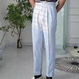 WIAOFELLAS  -  Fashion Men's Italian Style Naples Suit Pants Blue Stripes Seersucker High Waist Paris Buckle Trouser England Business Casual Pa