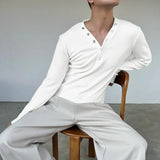 WIAOFELLAS  -  Men T Shirt Solid Color V Neck Long Sleeve Knitted Male Tee Tops Streetwear Fashion Casual Men Clothing Camisetas S-3XL