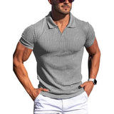 Wiaofellas  -  Men's Ribbed V-Neck Polo Shirt Summer Breathe Slim Fit Short Sleeve T-Shirt Men Casual Business Fashion T-Shirt