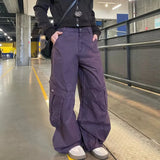 Wiaofellas  -  Unisex Vintage Purple Cargo Pants Multi Pockets Metal Rivet Loose Curved Wide Leg Baggy Trousers Y2K Streetwear Casual Denim