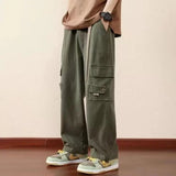 WIAOFELLAS  -  Preppy Style Solid Color Men's Clothing Spring Autumn Elastic Pockets High Waisted Casual Trousers Cargo Straight Bloomers Pants