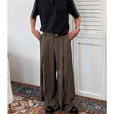 Wiaofellas  -  Casual Men's Brown Straight Leg Wide Leg Pants Spring Autumn Loose Fit Pleated Design American Sle Long Trousers