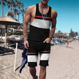 Wiaofellas  -    Minimalist striped men's tank top set, summer new beach volleyball pants