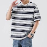 Wiaofellas  -  Summer short sleeve new Japanese round neck casual double yarn striped short sleeve men loose T-shirt