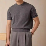 Wiaofellas  -  Men's Knitted T-shirt Spring Summer New Cashmere Short Sleeved Men Round Neck Solid Knit Pullover Casual Men's Clothing Tops