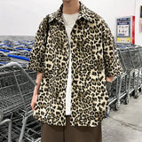 Wiaofellas  -  Brown/Gray Leopard Printed Shirt Men Loose Breathable Men's Shirts Summer Male Shirt High Street Casual Short Sleeve Tops