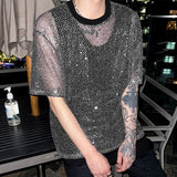 WIAOFELLAS  -  Men T Shirt Mesh See Through Shiny O-neck Short Sleeve Tee Tops Summer Streetwear Loose 2025 Party Sexy Men Clothing