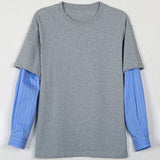 WIAOFELLAS  -  Japanese Korean Casual Sweatshirts Men Straight Base Shirt Splicing Striped Sleeves Fake Two-piece Solid Color Pullover T-shirt