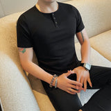 WIAOFELLAS  -  Summer Cotton Round Neck Men's Casual T-shirt Fashion Business Slim Fit Short Sleeve Elastic Solid Color Tees Tops Streetwear