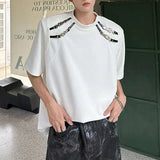 WIAOFELLAS  -  Stylish Men's T-shirts Metal Buckle Patchwork Round Collar Solid Color Niche Tops Short Sleeved Loose Male Tees