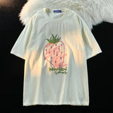 WIAOFELLAS  -  Fashionable Cotton Short Sleeve T-Shirt Couple Casual Loose Fit Summer Ins Casual Top For Men And Women Korean Style With Strawb