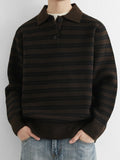 Wiaofellas  -  Autumn Retro Colorblock Striped Polo Collar Knitwear For Men Korean Fashion Long Sleeve Knitted Pullovers Fleece Y2K Sweaters