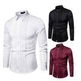 Wiaofellas  -  Men's Long Sleeved Shirt with British Style Lapel Pleated Men's Uniform, Formal Dress, Shirt, and Base Shirt