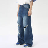 Wiaofellas  -  Personality Male Straight Jeans Hole Worn-out Loose Wide Leg Denim Pants Washed Casual Men's Trousers New Summer