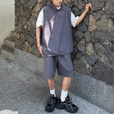 WIAOFELLAS  -  Niche Design Men's Two-piece Solid Color Drawstring Sleeved Hooded T-shirts Straight Wide Leg Loose Male Shorts