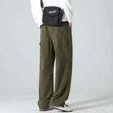 WIAOFELLAS  -  Men's Clothing Spring Autumn Straight Trousers Cargo Solid Color Elastic Pocket High Waisted Casual England Style Cropped Pants