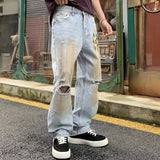 WIAOFELLAS  -  Washed Vintage Printed Men's Jeans Washed Street Personalised Trendy Dirty Loose Straight broken holes Wide Leg Men's Pants