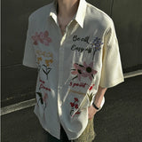 Wiaofellas  -  American Color Floral Embroidery Short Sleeved Shirt Casual Turn-down Collar New Fashion Male Tops Loose