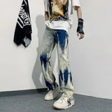 WIAOFELLAS  -  Street Trendy Asymmetric Tie Die Gradient Design Sense High End Slim Narrow Edition Jeans Zipper Button Pockets Straight Pants