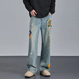 WIAOFELLAS  -  Design sense flower embroidery wash jeans men's spring straight pants couple loose American pants
