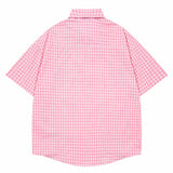 WIAOFELLAS  -  Men Streetwear Retro Vintage Shirt Swan Applique Embroiderey Plaid Cotton Summer Casual Harajuku Shirt Short Sleeve Japanese Tee