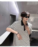 WIAOFELLAS  -  Trendy Men's Striped Contrast Color Shoulder Pads Loose T-shirts Fashion Casual Short Sleeves Lapel Tops Male Summer
