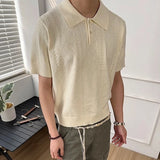 Wiaofellas  -  Summer Men Knitted Polo Shirt Retro Wheat Jacquard Solid Color Short Sleeve T-shirt Korean Casual Light Luxury Textured Knitwear