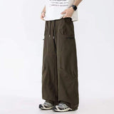 WIAOFELLAS  -  Simple Men's Cargo Pants Zipper Patchwork Elastic Waist Wide Leg Bottom Straight Drawstring Loose Male Trousers 24K4252