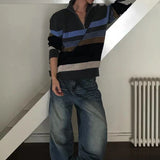 WIAOFELLAS  -  Fall Winter New Casual Knit Polo Sweaters Men Vintage Striped Crochet Knitting Jumper Tops Mens Trendy Long Sleeve Slim Sweater