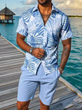 WIAOFELLAS  -  Men's Casual Vacation Shirt set, short-sleeved button-down shirt, Monstera Printed Hawaiian And shorts, 2-piece Set