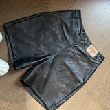 WIAOFELLAS  -  Mens Clothing Y2k Hip-Hop Shorts Summer Fashion Retro Versatile Faded Old Solid Color Pu Leather Reverse Wear Five-Point Shorts