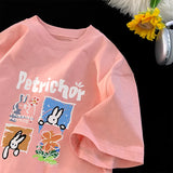 WIAOFELLAS  -  New Cute Cartoon T-shirt Rabbit Pattern Tops Unisex Round Neck Oversized T-Shirt Y2k Summer Tees Harajuku Sort Sleeve Tshirt