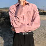 Wiaofellas  -  Spring Men's Pink Shirt New Long Sleeve Blouse  New Trend Single Pockets Casual Shirts Korean Chic Loose Tops 2A0751