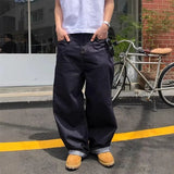 Wiaofellas  -  Men American Retro Raw Edge Denim Jeans Dark Blue Wide Straight Leg Pants Loose Baggy Streetwear Male Casual Trousers