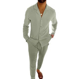 Wiaofellas  -  All Match Men's Tracksuit Fashion Solid Two Piece Slim Suit Autumn New Long Sleeve Button Shirts Top&Drawstring Pants Set