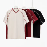 WIAOFELLAS  -  Retro 260g Contrasting Lines V-neck Short-sleeved T-shirt Men's Trendy Brand Loose Design T-shirt Top