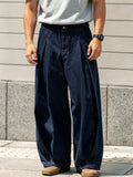 Wiaofellas  -  Men Neapolitan High Waist Double Pleat Straight Leg Suit Pants Stretch Elastic Waist Denim Daily Street Casual Trousers