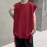 WIAOFELLAS  -  American Style Men's Vests Solid Color O-neck Ribbon Casual Menswear Loose Sleeveless Pullover Male Tank Tops Chic