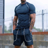 WIAOFELLAS  -  Versatile New Sports Tight Round Neck Short-sleeved Pullover and Three-quarter Shorts Men's Running Fitness Clothing Set