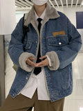 Wiaofellas  -  Autumn Winter Lamb Velvet Denim Jaet Men's Trendy Casual Japanese Sle Retro Cool American High Street Loose Fce Lined
