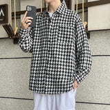 WIAOFELLAS  -  Trendy Lapel Men Houndstooth Shirt Jackets Autumn Winter Buttons Up Long-sleeved Baggy Thicken Men's Shirt Coats Plus Size 5XL-M