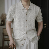 Wiaofellas  -  Summer New Casual Short Sleeve Knit Shirts Men Vintage Textured Knitted Shirt Tops Mens Fashion Button-up Lapel Shirt