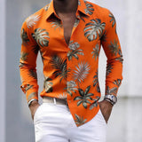 Wiaofellas  -  Men's Tropical Palm Print Long Sleeve Shirt Turn-Down Collar Slim Fit 4-Way Stretch Luxury Dress Shirt Casual Streetwear Tops