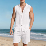 Wiaofellas  -  Breathable Summer Men'S 2 Piece Beach Vacation Set Sleeveless Stylish Shirts and Shorts Suit Outfits Jackets for Men Suit